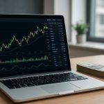 Laptop displaying stock market charts with bundles of cash in the foreground