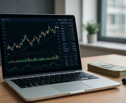 Laptop displaying stock market charts with bundles of cash in the foreground