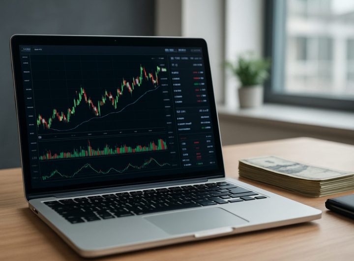 Laptop displaying stock market charts with bundles of cash in the foreground