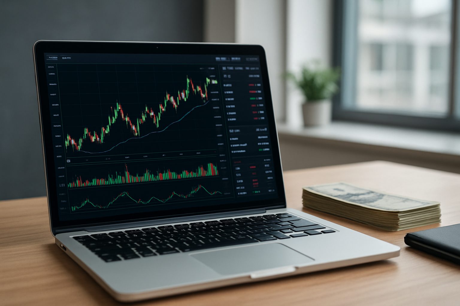 Laptop displaying stock market charts with bundles of cash in the foreground